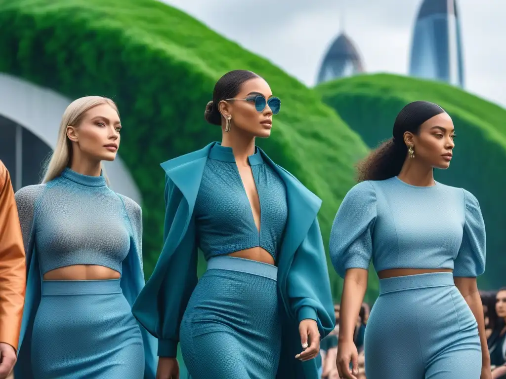Desfile de moda sostenible: diversidad y estilo en la ciudad del futuro Desfile de moda sostenible con diversidad de tallas especiales y etnias, en una pasarela futurista