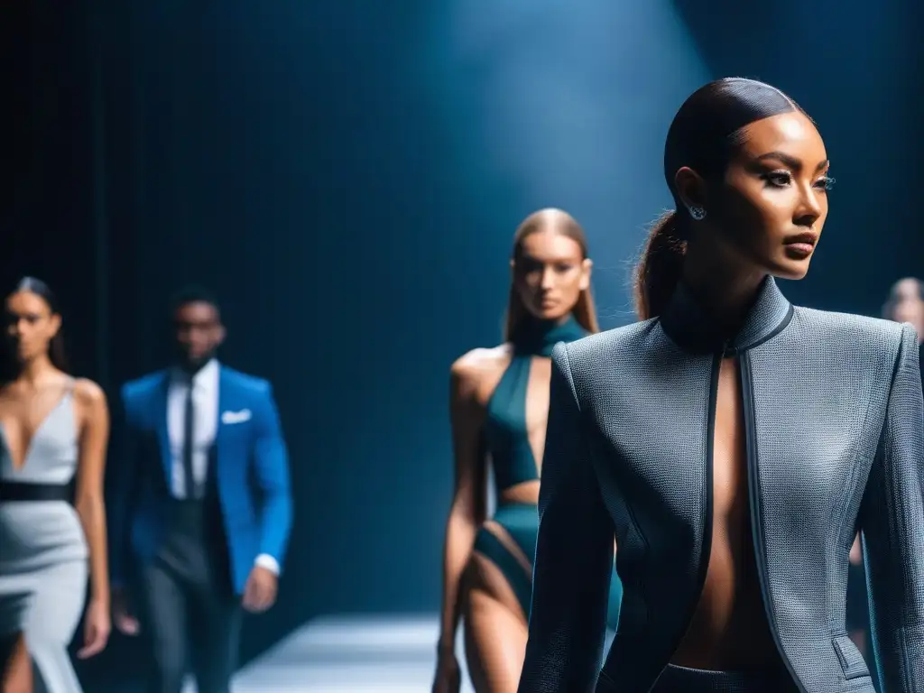 Desfile de moda sostenible: diversidad y estilo en pasarela futurista Desfile de moda sostenible con diversidad de tallas y etnias en una pasarela futurista y minimalista