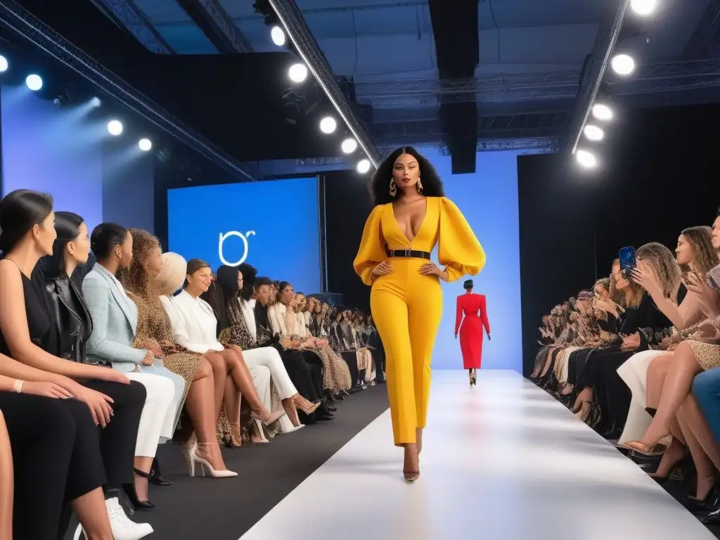 Desfile de moda sostenible: diversidad y estilo eco-friendly Desfile de moda sostenible con diversidad de tallas y etnias en un evento elegante y moderno