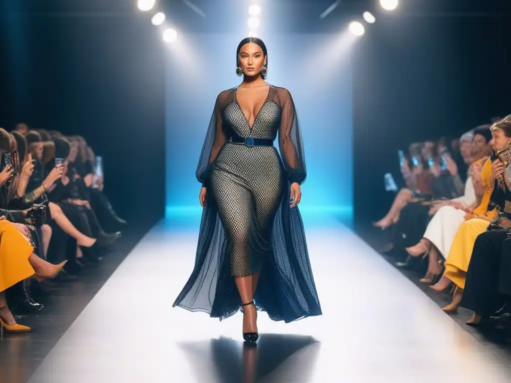 Desfile de moda inclusivo y sostenible: diversidad y empoderamiento Desfile de moda sostenible con diversidad de tallas y etnias, modelos seguras y empoderadas en pasarela moderna iluminada