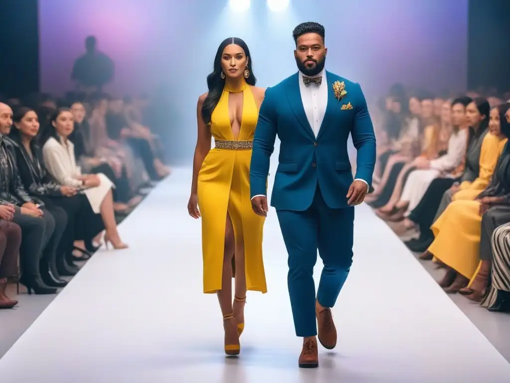 Desfile de moda sostenible: diversidad en la pasarela Desfile de moda sostenible con diversidad de tallas y modelos, mostrando elegancia y originalidad