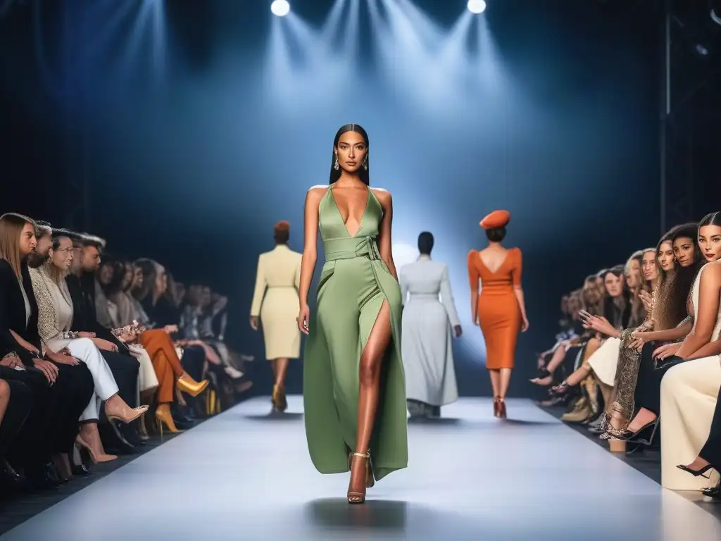 Desfile de moda sostenible: diversidad y elegancia ecoamigable Desfile de moda sostenible con diversidad de tallas, edades y etnias, resaltando inclusividad y elegancia en una pasarela futurista y moderna