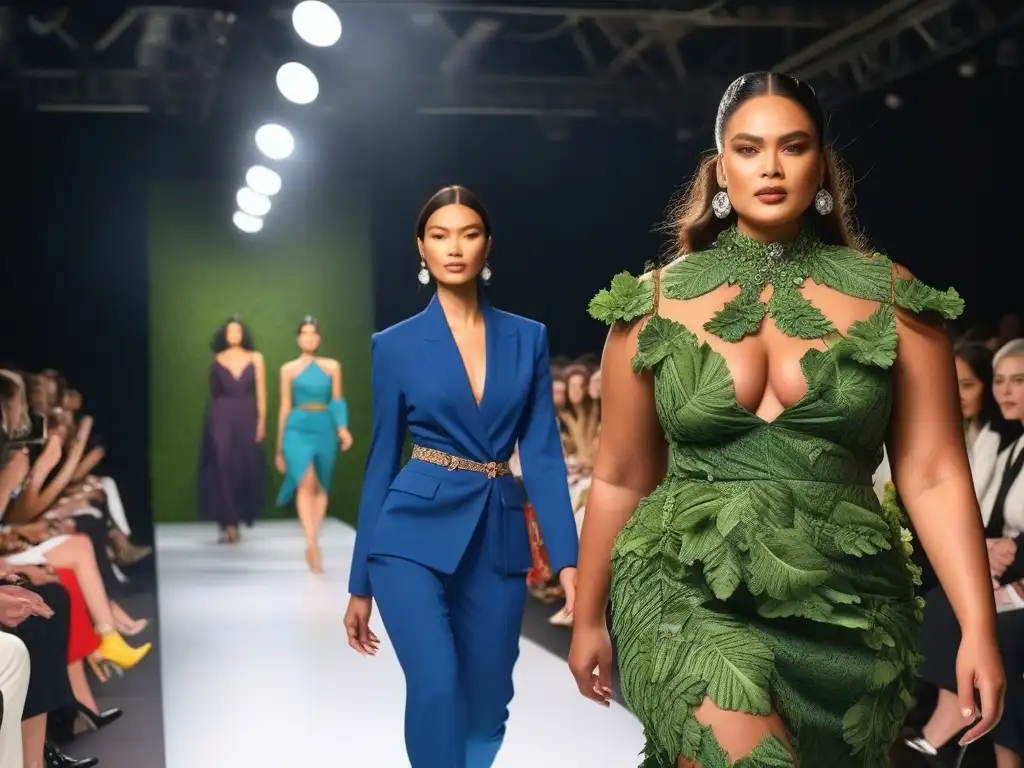 Desfile de moda sostenible: diversidad y belleza ecofriendly en la pasarela Desfile de moda sostenible con diversidad de tallas y etnias en una pasarela vibrante y ecofriendly