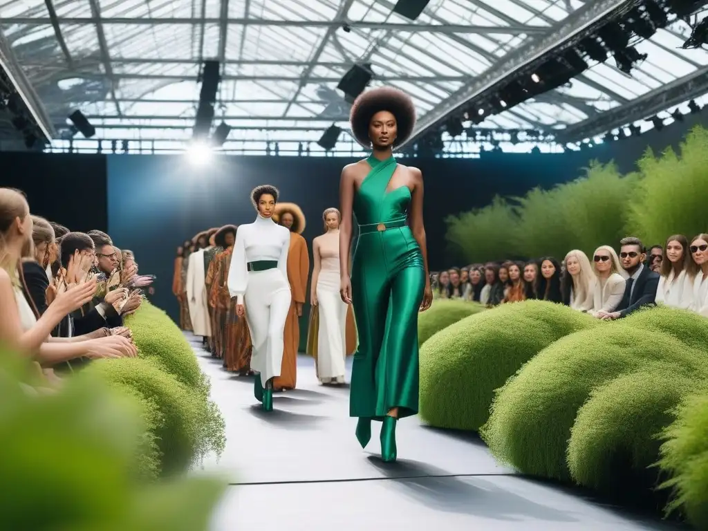 Desfile de moda sostenible: diversidad y empoderamiento Desfile de moda sostenible y diversidad corporal en una pasarela futurista rodeada de naturaleza y paneles solares