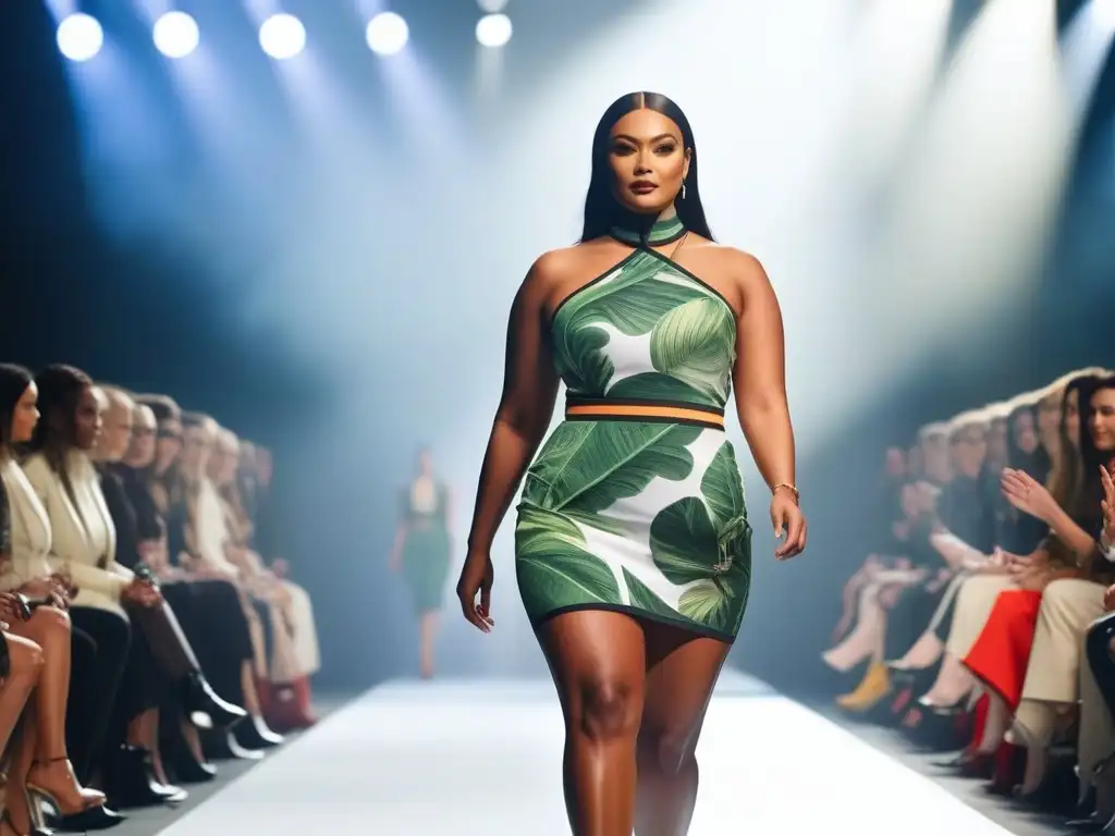 Pasarela ecofriendly: Moda diversa y sostenible celebrando la inclusividad Desfile de moda sostenible y diversidad corporal en pasarela futurista con paneles solares y vegetación exuberante