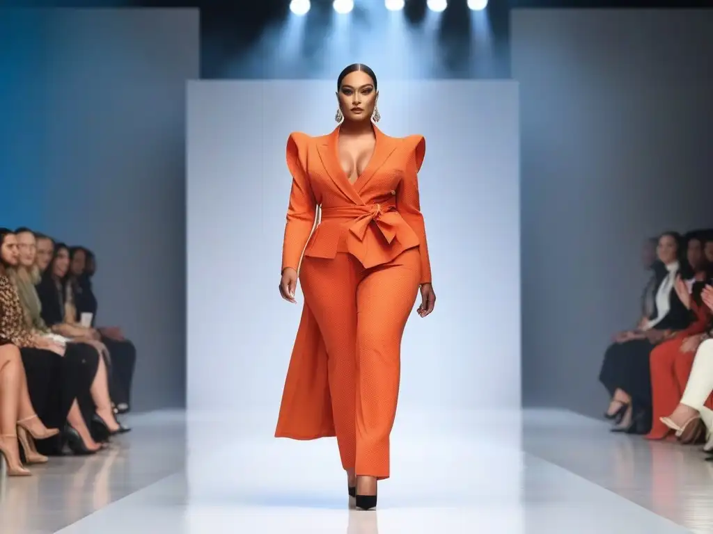 Desfile de moda sostenible: diversidad y estilo en la pasarela Desfile de moda sostenible y diversidad corporal en una pasarela futurista y minimalista