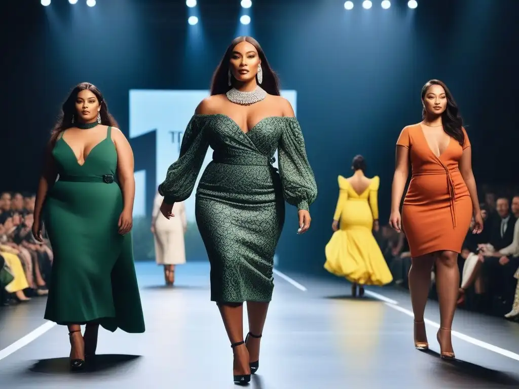 Desfile inclusivo de moda sostenible con diversidad de modelos Desfile de moda sostenible y diversidad corporal en la pasarela, modelos de todas las formas y tamaños lucen outfits únicos
