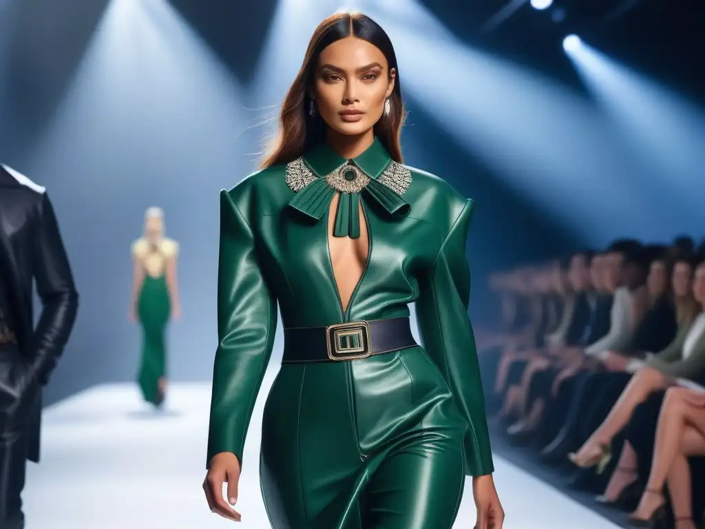 Desfile eco-chic: moda sostenible para mujeres petite en pasarela futurista Desfile de moda petite sostenible y diversidad en una pasarela futurista, modelos elegantes y seguras