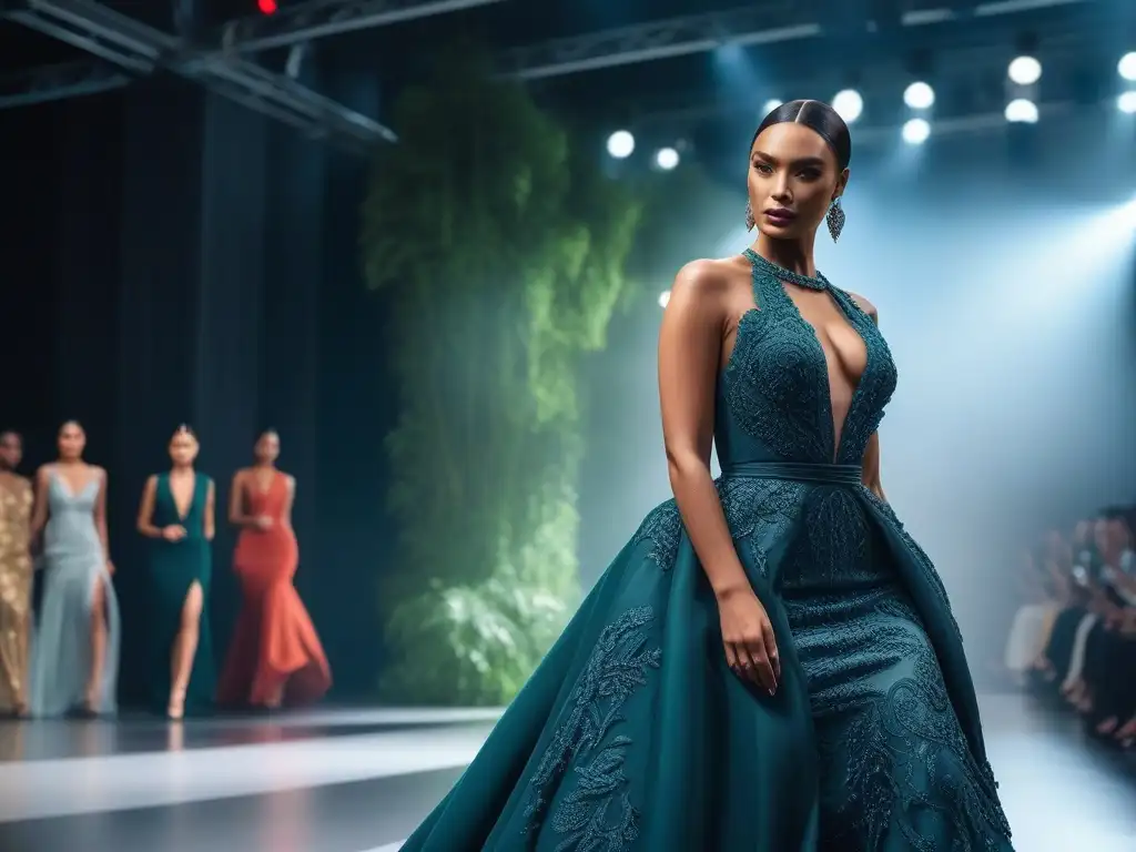 Desfile de moda sostenible: diversidad y elegancia ecofriendly Desfile de moda sostenible para eventos especiales con modelos diversos y elegantes en una pasarela futurista y ecoamigable