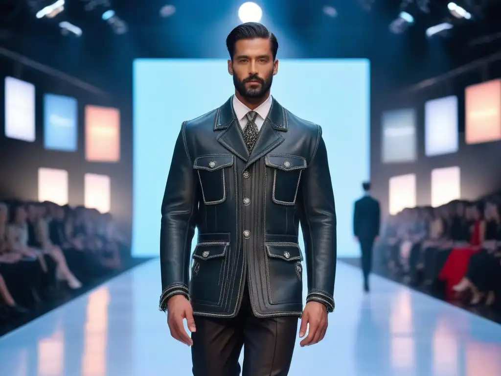 Pasarela sostenible: moda ecofuturista y estadísticas de sostenibilidad Desfile de moda sostenible futurista con impacto en normativas de sostenibilidad en la industria