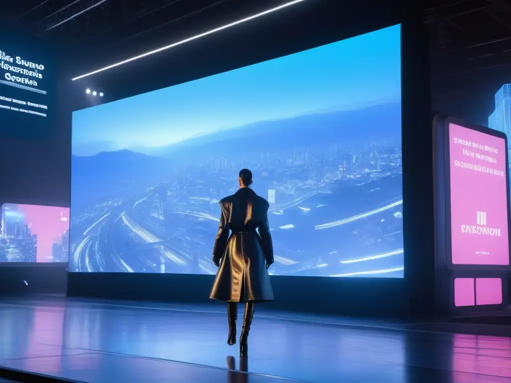 Pasarela Futurista de Moda Sostenible: Diseños Eco y Tecnología LED Desfile de moda sostenible futurista con elementos de alta tecnología y mensajes sobre normativas responsabilidad extendida productor moda