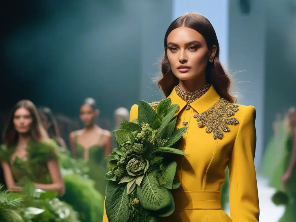 Desfile de moda ecofuturista con diseños sostenibles innovadores Un desfile de moda sostenible futurista con diseños innovadores hechos de materiales reciclados