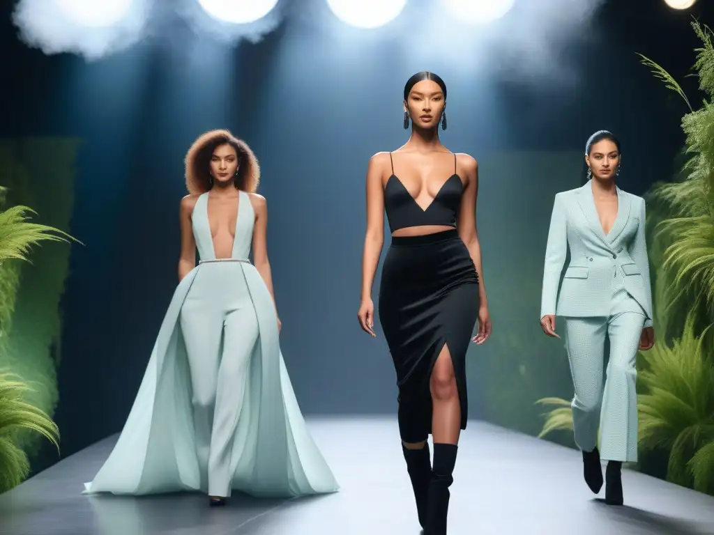 Desfile ecofashion inclusivo y sostenible: diversidad y estilo futurista Un desfile de moda ecofashion sostenible e inclusiva con modelos diversos en una pasarela futurista