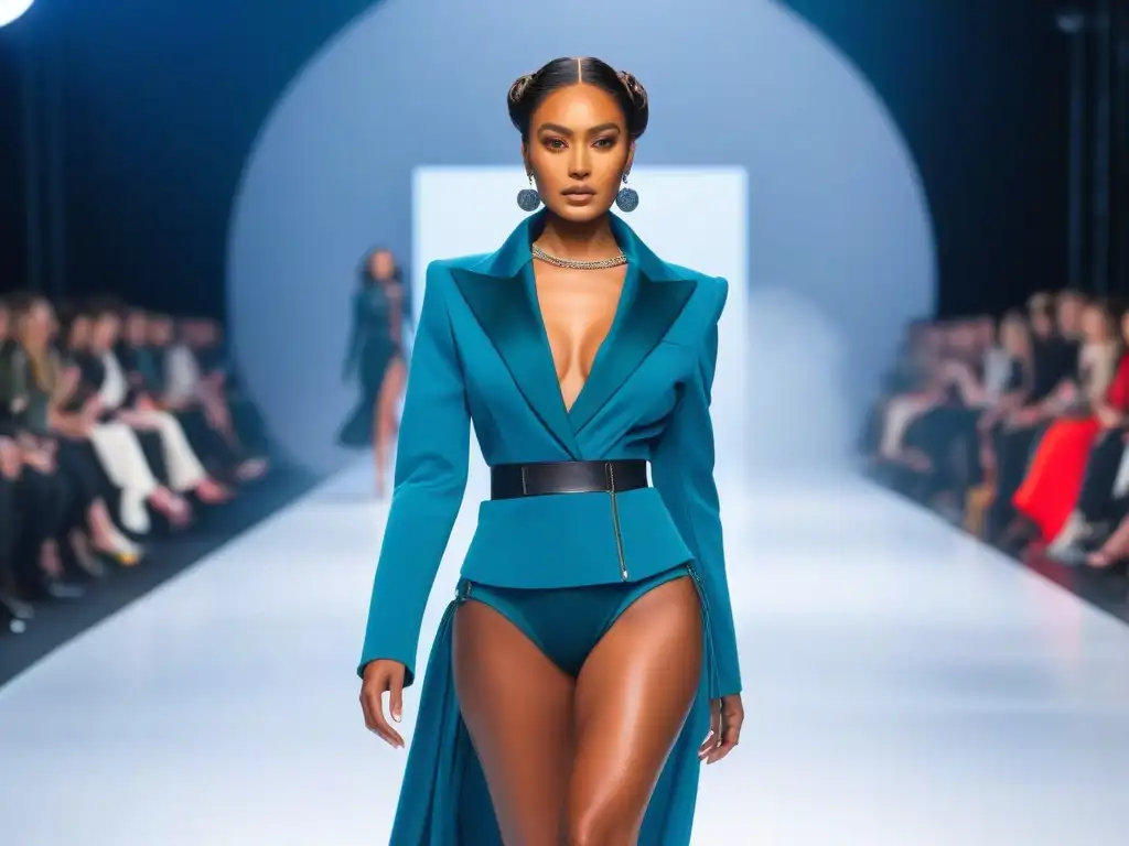 Desfile de moda inclusivo y sostenible: diversidad en la pasarela futurista Desfile de moda sostenible inclusiva y diversa con modelos diversos y vibrantes en una pasarela futurista y ecoamigable