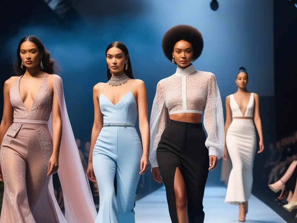 Desfile de moda inclusivo y sostenible: diversidad y empoderamiento Desfile de moda sostenible inclusiva con modelos diversos y seguros de sí mismos en una pasarela futurista