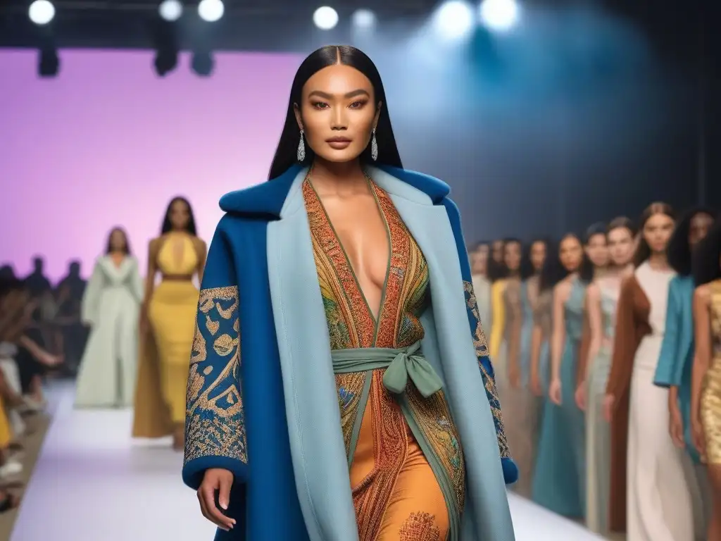 Desfile de moda eco-inclusivo: diversidad y sostenibilidad Desfile de moda sostenible inclusiva con modelos diversos en pasarela, rodeados de público aplaudiendo