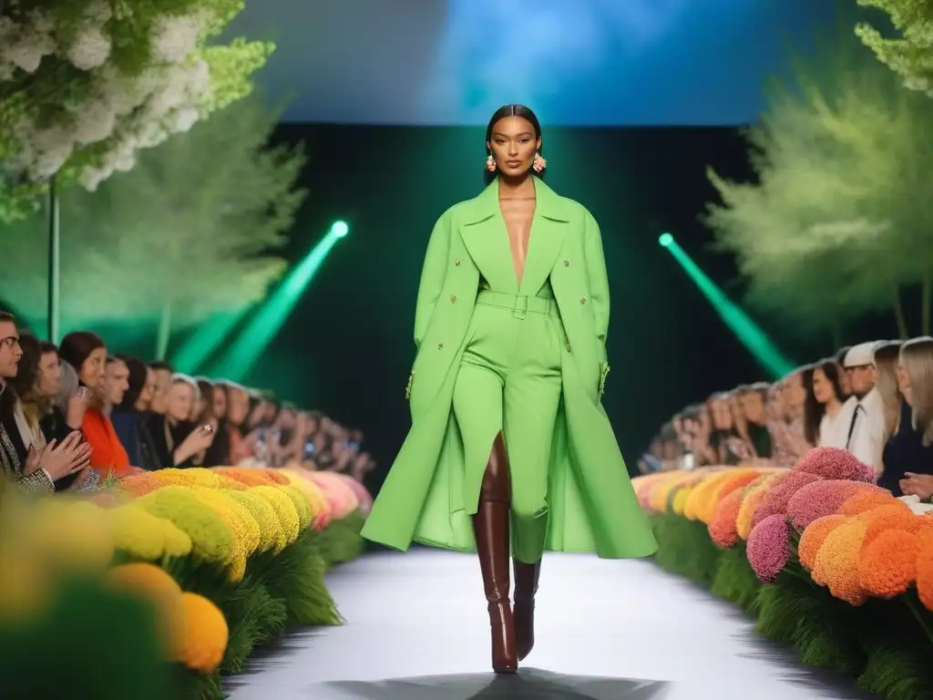Desfile sostenible: moda diversa en armonía con la naturaleza Desfile de moda sostenible inclusiva con modelos de todas las edades, géneros y etnias, luciendo diseños ecofriendly en un entorno natural vibrante