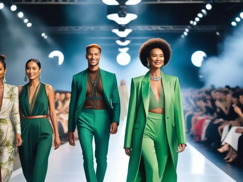 Pasarela ecoamigable: moda sostenible con diversidad Desfile de moda sostenible inclusiva y diversa con modelos sonrientes en pasarela futurista