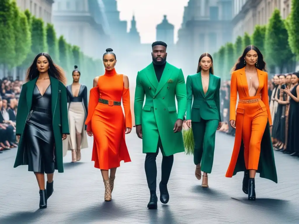 Desfile sostenible y diverso en ciudad futurista Desfile de moda sostenible inclusiva y diversa en una ciudad futurista