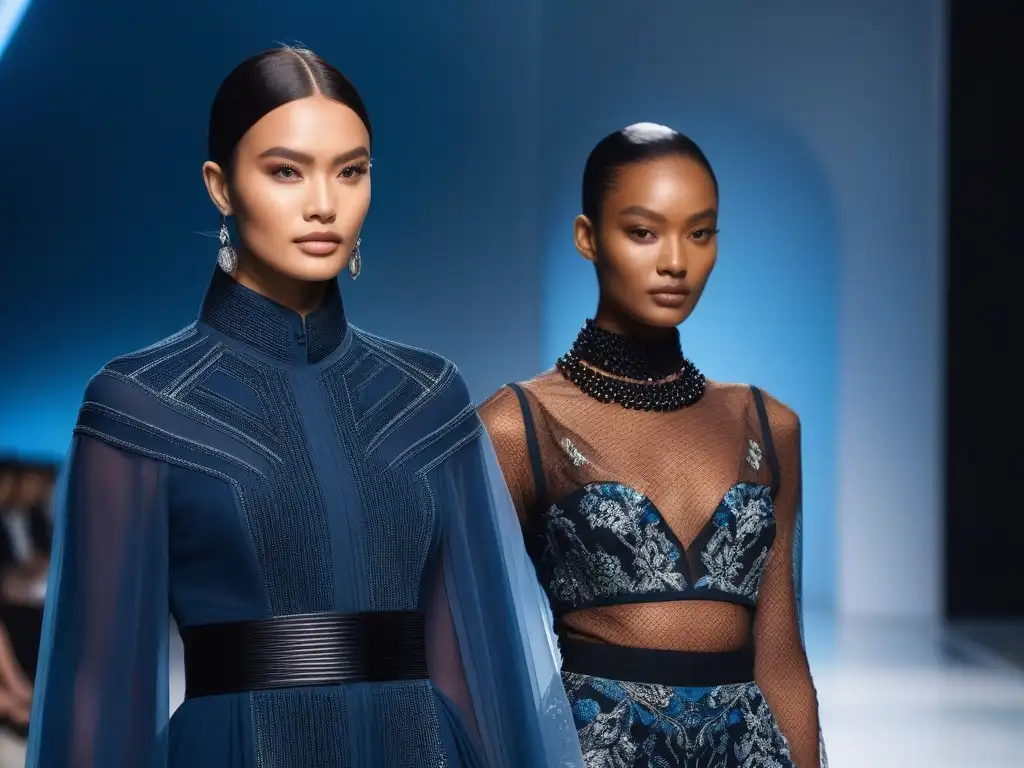 Pasarela de moda sostenible: diversidad y elegancia futurista Desfile de moda sostenible de lujo redefiniendo tendencias con modelos diversos en elegantes prendas