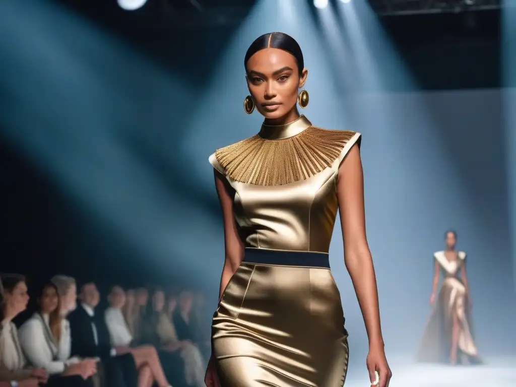 Pasarela de moda eco-lujosa: diseño sostenible y elegancia futurista Desfile de moda sostenible de lujo redefiniendo tendencias con diseño eco-chic y público cautivado