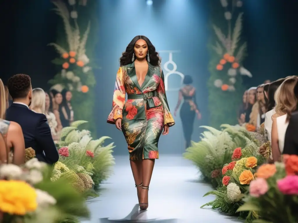 Desfile inclusivo de moda sostenible en armonía con la naturaleza Desfile de moda sostenible: modelos diversos caminan seguros en pasarela entre naturaleza exuberante