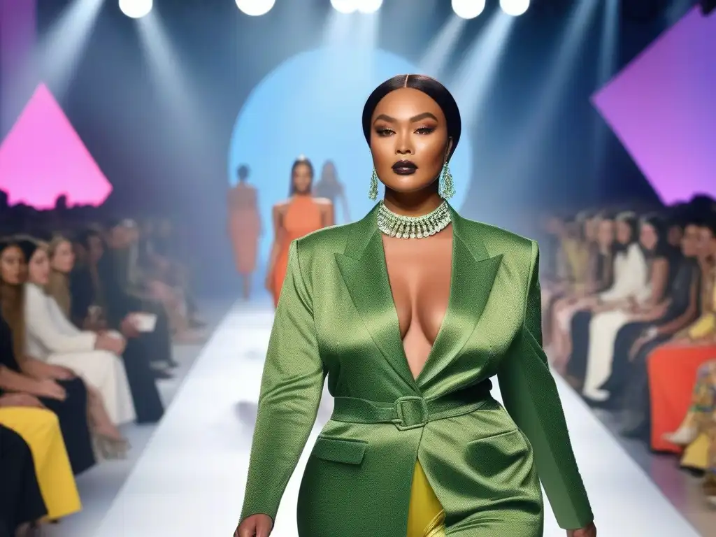 Desfile inclusivo: moda sostenible y diversidad étnica Desfile de moda sostenible con modelos de todos los cuerpos e etnias, luciendo diseños inclusivos y coloridos en un ambiente futurista y ecoamigable