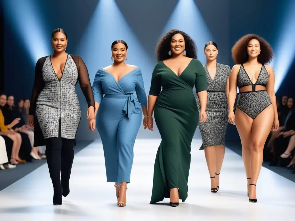 Diversidad y empoderamiento en la pasarela de moda sostenible Desfile de moda sostenible con mujeres diversas de tallas especiales, radiantes y empoderadas en la pasarela