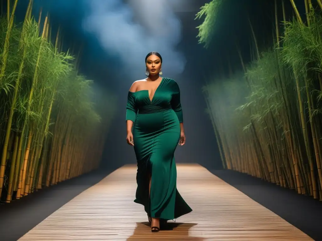 Desfile eco-chic: moda sostenible en pasarela de bambú Desfile de moda sostenible en pasarela de bambú con modelos de tallas especiales luciendo prendas de bambú