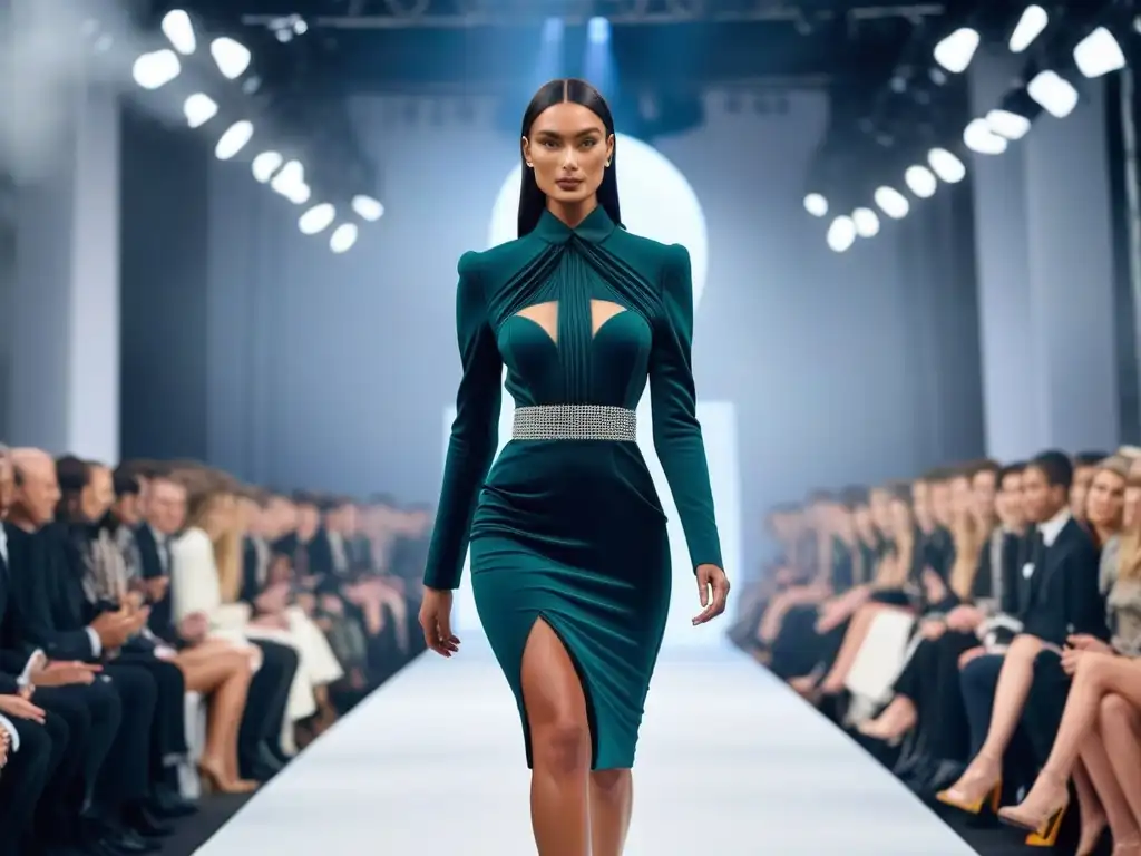 Desfile sostenible: moda de lujo con conciencia ambiental Desfile de moda sostenible en una pasarela de lujo con modelos luciendo diseños ecofriendly en una ciudad futurista