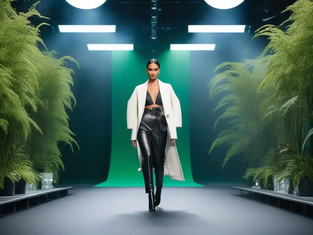 Desfile de moda sostenible: elegancia eco en pasarela futurista Desfile de moda sostenible en pasarela futurista con modelos de Empresas B Corp moda sostenible