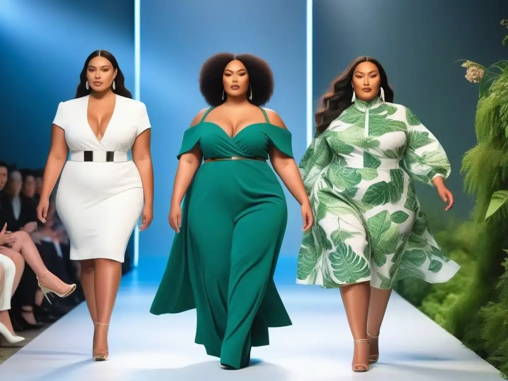 Desfile de moda sostenible: modelos plus size empoderadas Desfile de moda sostenible para tallas especiales con modelos diversos luciendo prendas ecofriendly y modernas en una pasarela futurista