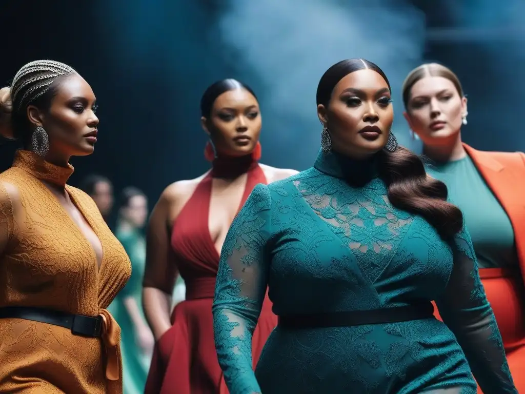 Desfile de moda: modelos plussize empoderadas en prendas sostenibles Desfile de moda sostenible para tallas especiales: modelos plus size desfilan con confianza en la pasarela, irradiando poder y estilo