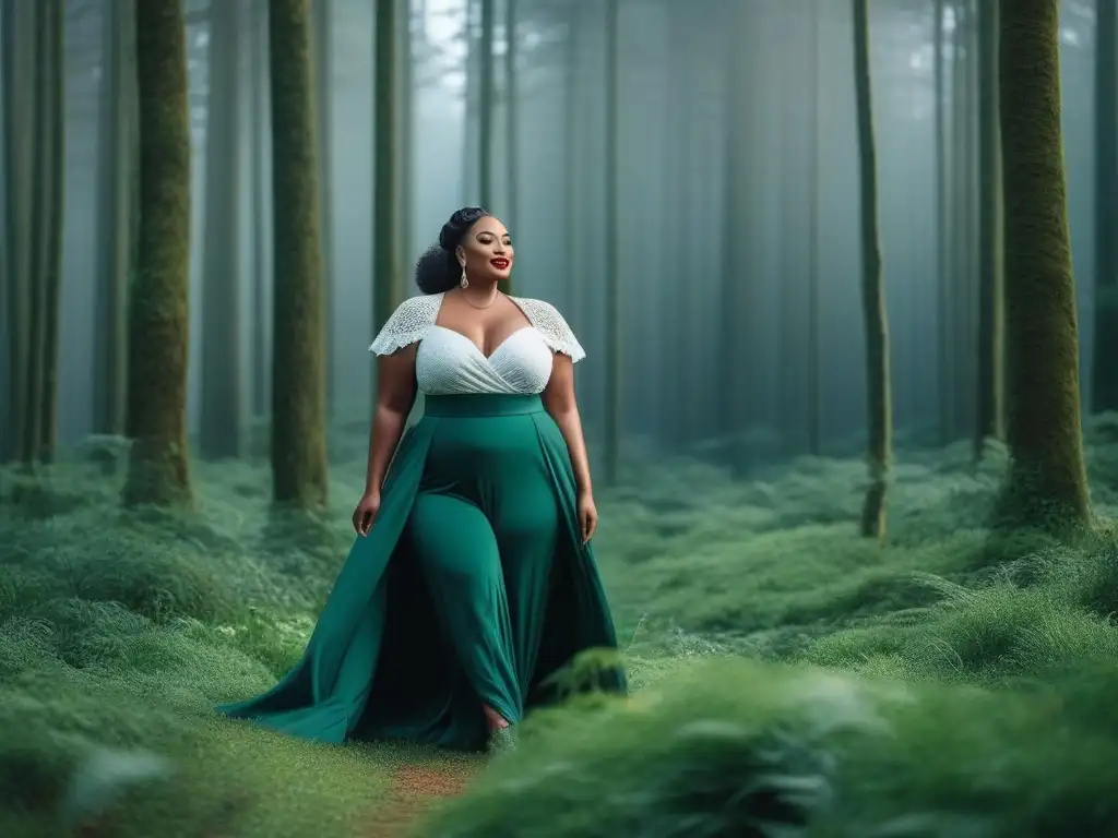 Desfile de moda plus size ecofriendly en el bosque Desfile de moda sostenible para tallas especiales en el bosque, uniendo belleza y compromiso ambiental