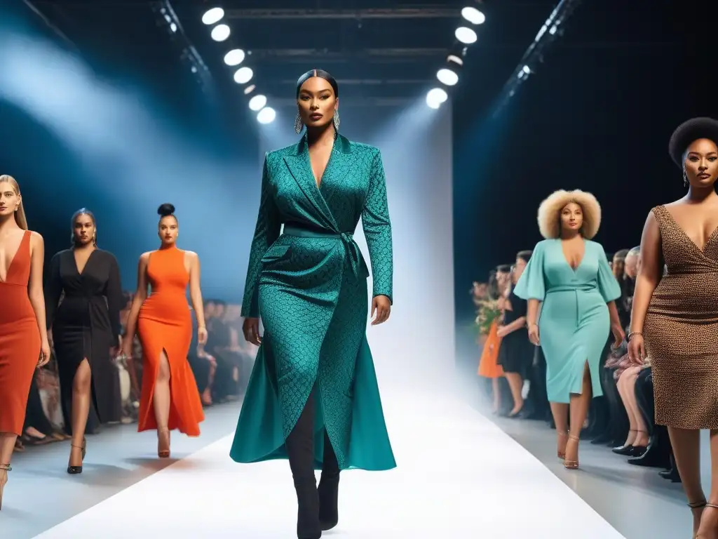 Desfile de moda sostenible: diversidad y estilo en la pasarela Desfile de moda sostenible con tallas diversas en un ambiente chic y moderno