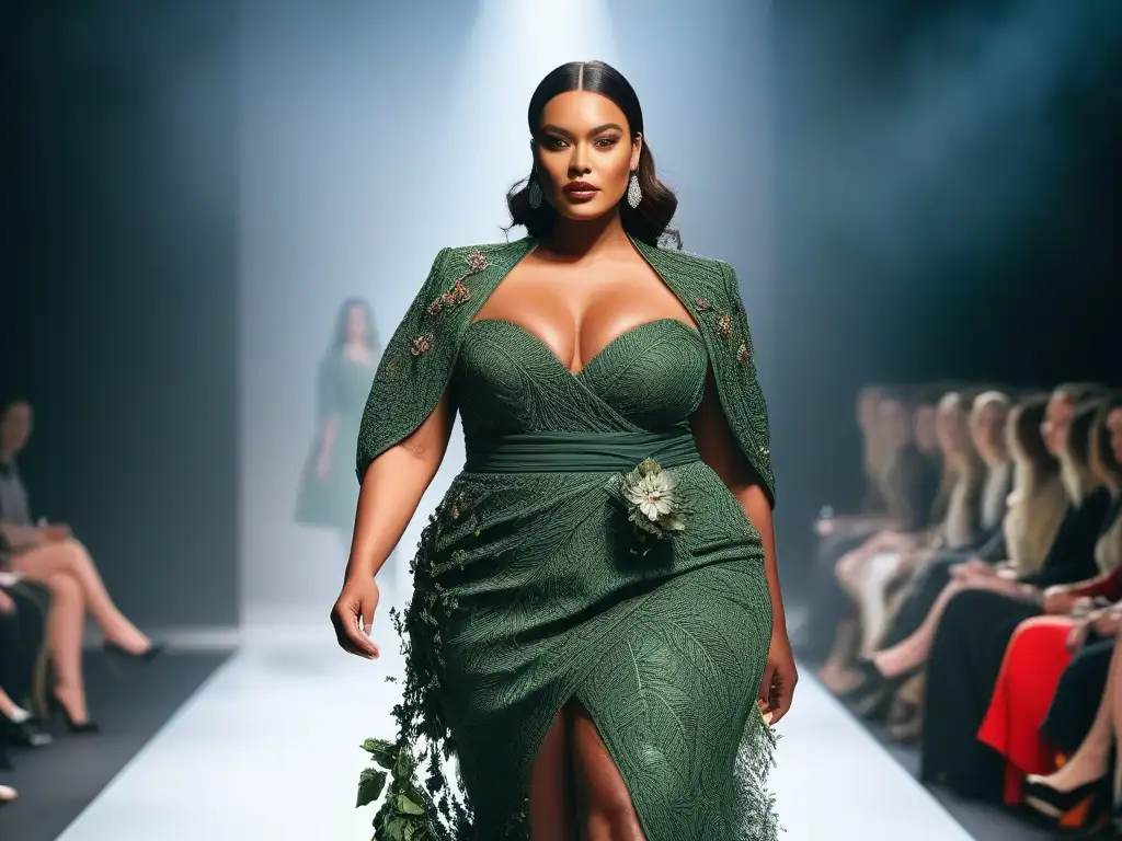 Desfile de moda eco-friendly con modelos plus size empoderadas Desfile de moda sostenible tallas grandes: modelos empoderadas luciendo elegantes prendas ecológicas en una pasarela ecoconsciente