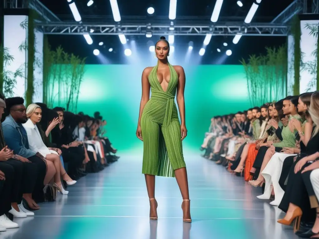 Desfile de moda sostenible: modelos diversos luciendo prendas de bambú Desfile de moda sostenible tallas especiales Bambú: modelos diversos exhiben confianza y estilo en pasarela de bambú verde