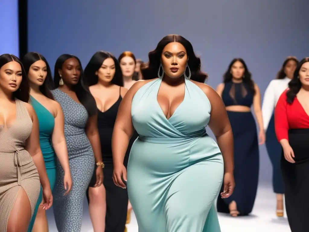 Desfile de moda plus size: empoderamiento y estilo diverso Desfile de moda sostenible para tallas grandes con modelos diversos y seguros de sí mismos en una pasarela elegante