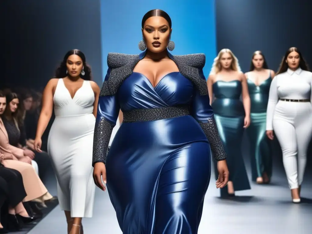 Desfile de moda plus size: empoderamiento y estilo en pasarela futurista Desfile de moda tallas altas: modelos seguras y empoderadas luciendo prendas de diseño en pasarela futurista