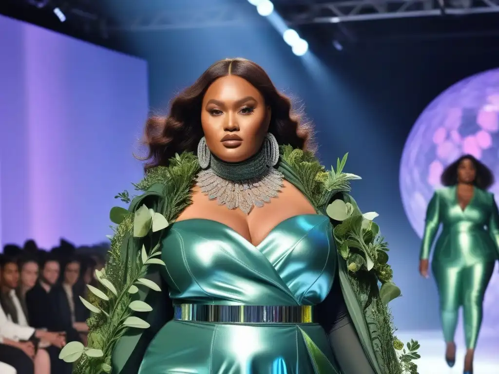 Moda sostenible para todos: desfile futurista de modelos plus size Desfile de moda ecoconsciente para tallas especiales en un futuro vibrante
