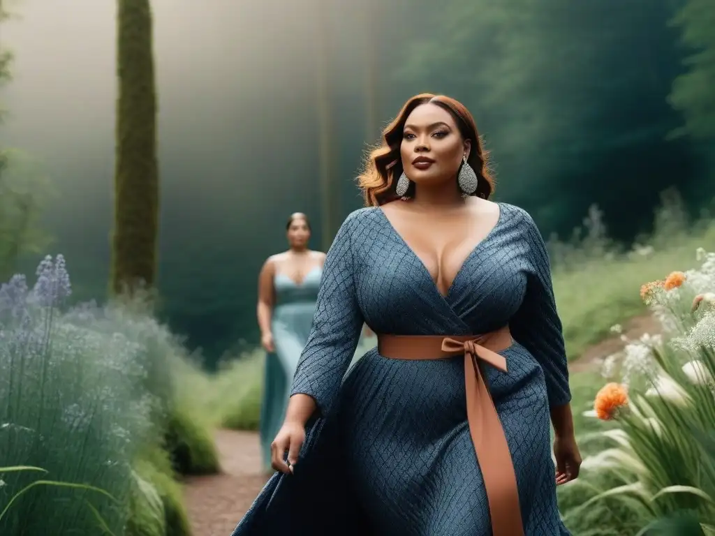 Desfile de moda sostenible: modelos plus size radiantes en pasarela verde Desfile de moda tallas especiales sostenible en medio de la naturaleza, radiantes sonrisas y outfits inclusivos