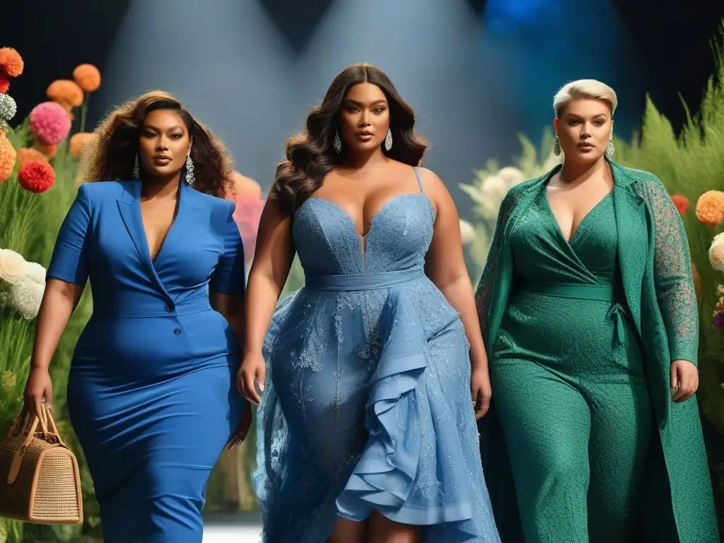 Desfile de moda sostenible: modelos plussize empoderadas Desfile de moda tallas grandes sostenible impacto: modelos desfilan con estilo en pasarela ecológica, fusionando elegancia y sostenibilidad