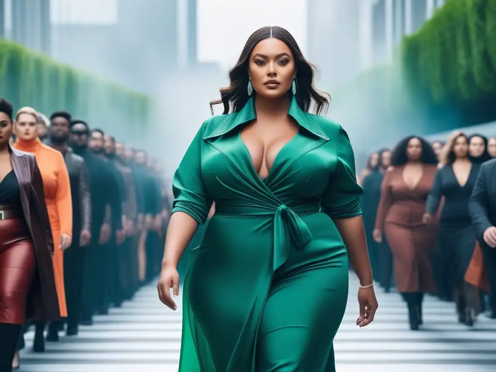 Desfile de moda inclusivo y sostenible: modelos plus size en pasarela eco-friendly Desfile de moda tallas grandes sostenible impacto en ciudad futurista verde