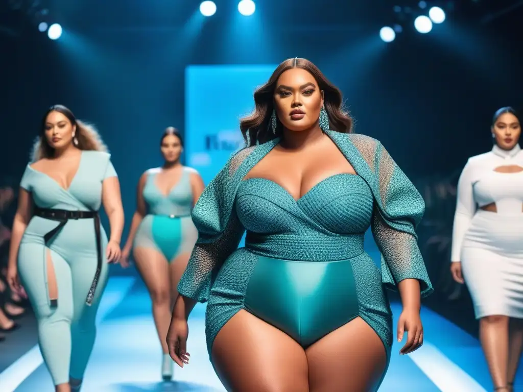 Desfile de moda sostenible: modelos plussize empoderadas y diversos en pasarela futurista Desfile de moda tallas grandes sostenible impacto con modelos diversos y seguros de sí mismos en una pasarela futurista