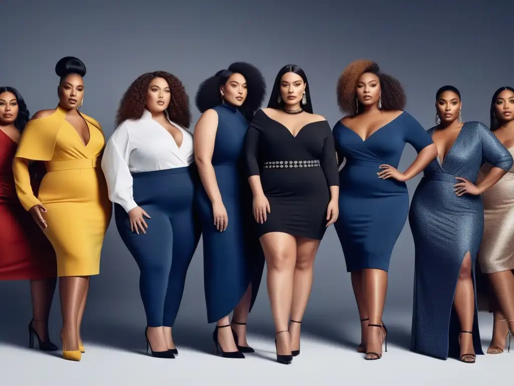 Moda inclusiva y tecnológica: Plussize models empoderadas en 2023 Desfile de moda tallas grandes con gadgets innovadores en escenario futurista
