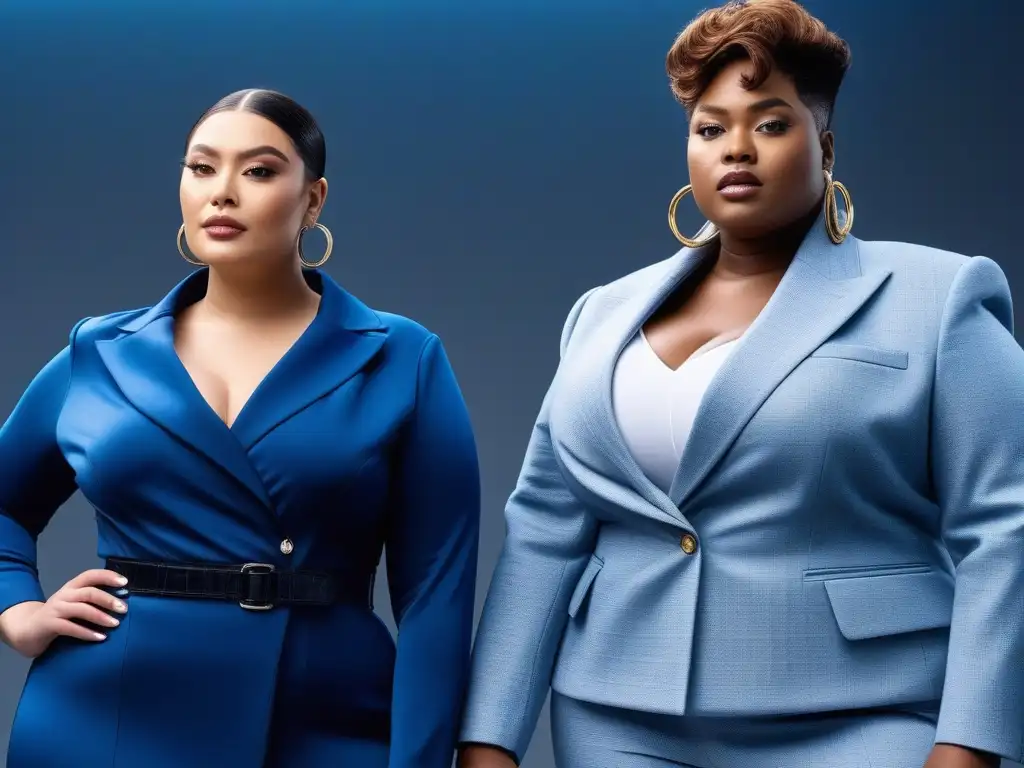 Moda plussize personalizada: fusión tecnológica y estilo único Un desfile de moda de tallas grandes personalizada con tecnología, donde la diversidad y la confianza brillan