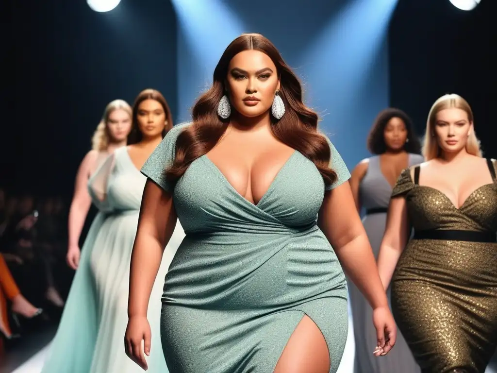 Desfile de moda plussize: Celebrando la diversidad con estilo Desfile de moda tallas grandes con modelos seguras luciendo diseños modernos en una pasarela iluminada