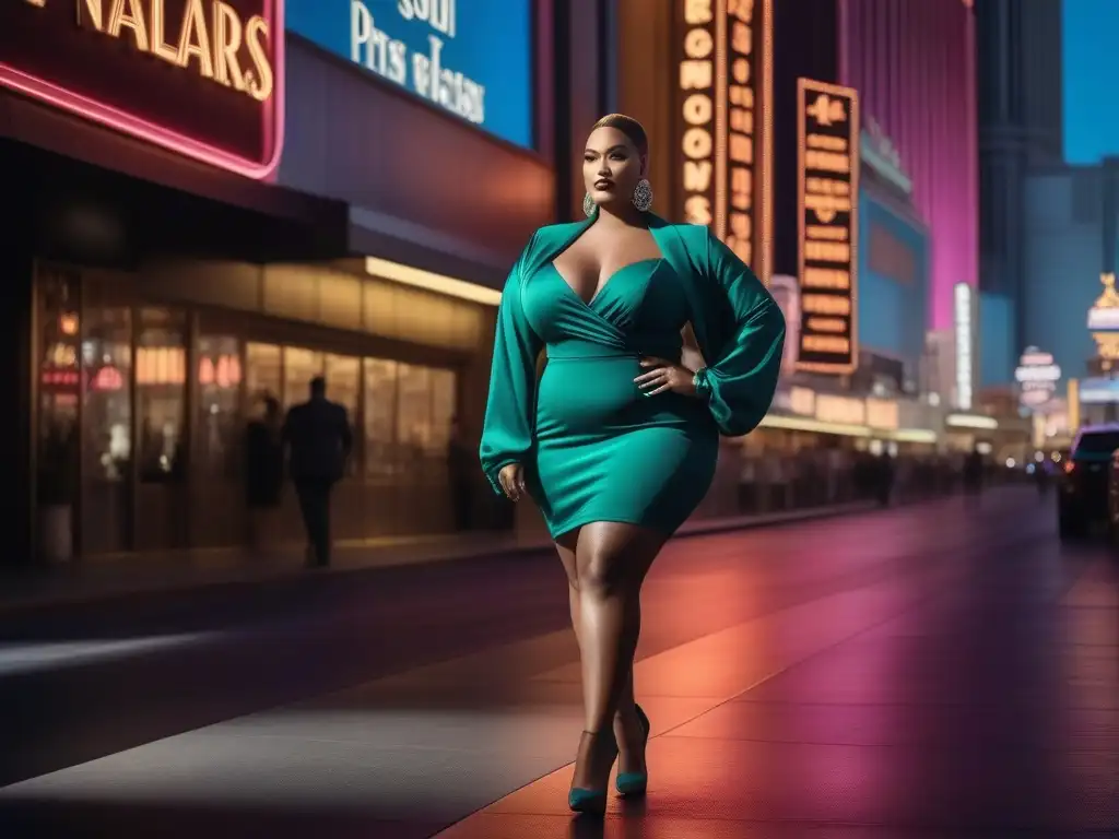 Moda plus size: Desfile empoderado en Las Vegas Un desfile de moda para tallas grandes en Las Vegas, con un modelo luciendo estilo y glamour por la ciudad de noche