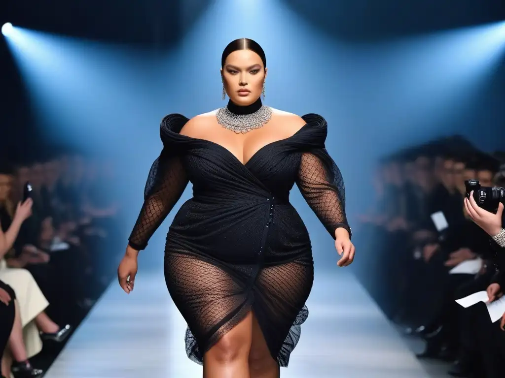 Desfile de moda: Plussize models empoderadas con Balenciaga Un desfile de moda Balenciaga en tallas grandes con modelos confiadas, elegantes y empoderadas luciendo diseños vanguardistas