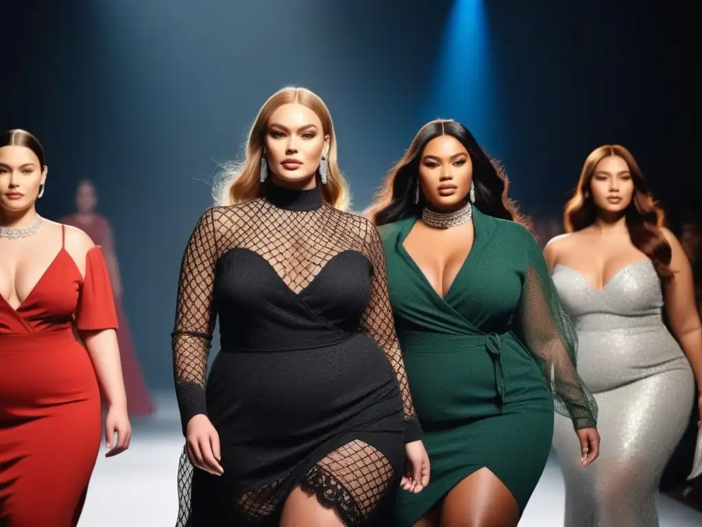 Desfile de moda plussize: empoderamiento y diversidad en la pasarela Desfile de moda de tallas grandes con modelos seguras y empoderadas luciendo outfits modernos y coloridos